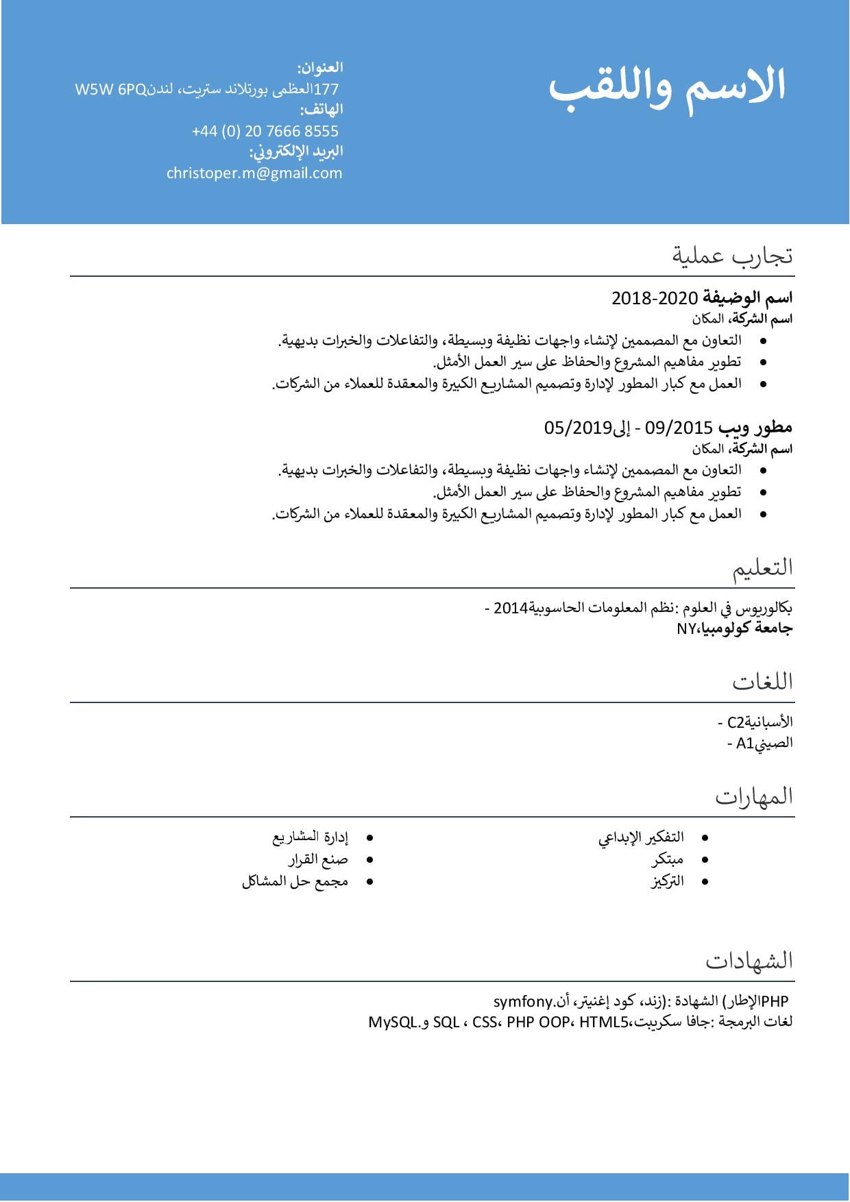 نموذج سيرة ذاتية احترافي باللغة العربية