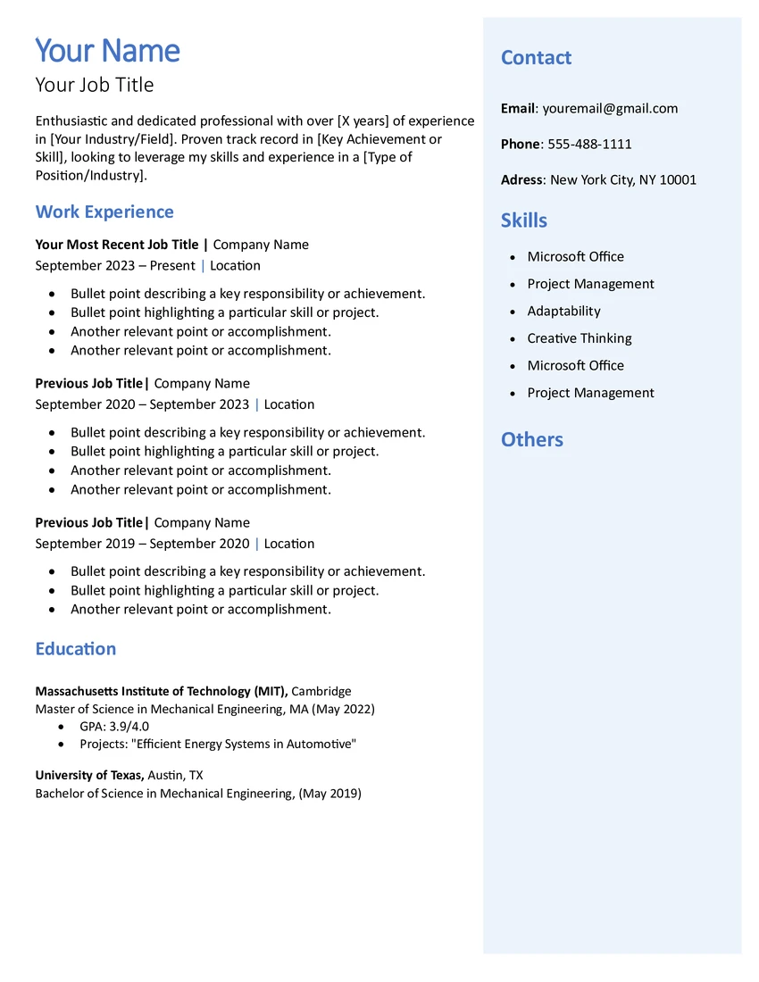 simple resume template with two column