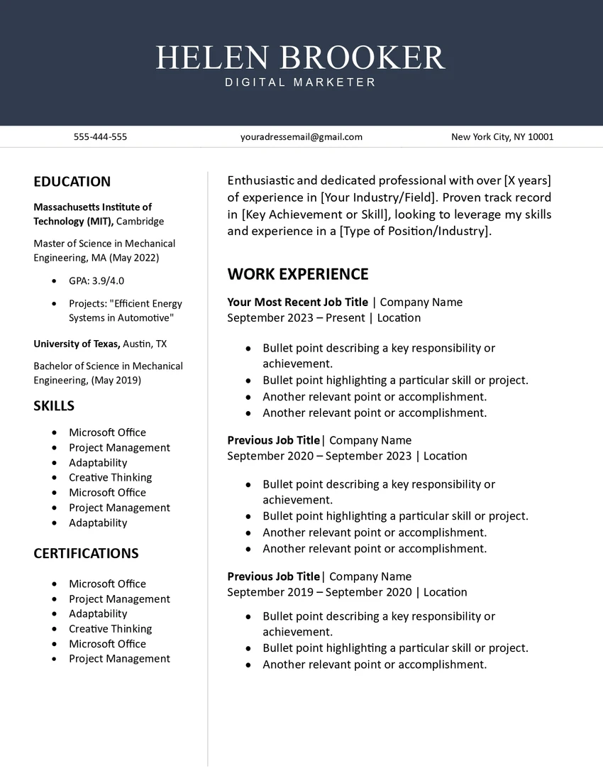 Modèle de cv en anglais américain