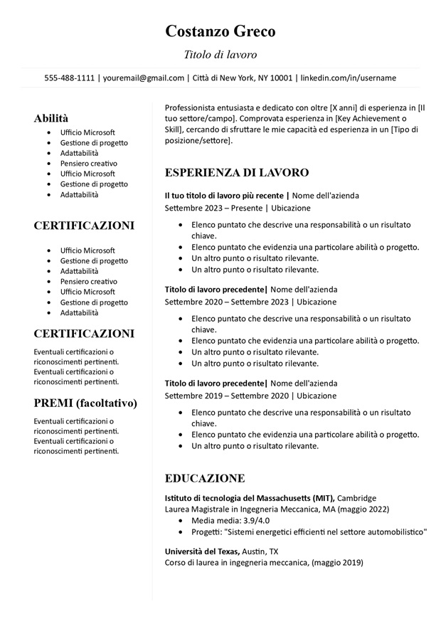 modello di curriculum vitae