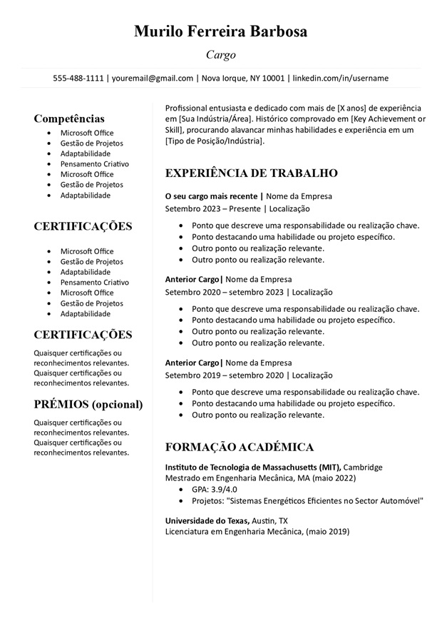 Modelo de CV sem foto