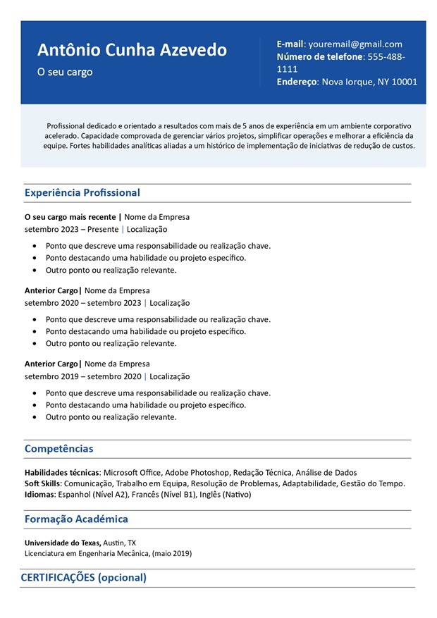 Modelo de curriculum vitae estilo americano sem foto